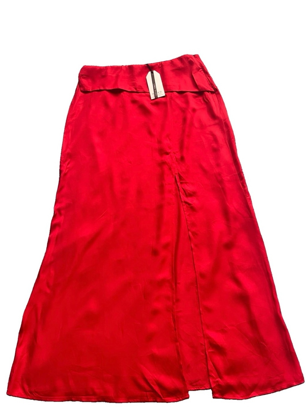 Sleek Red Satin Maxi Skirt with Front Panel Detail